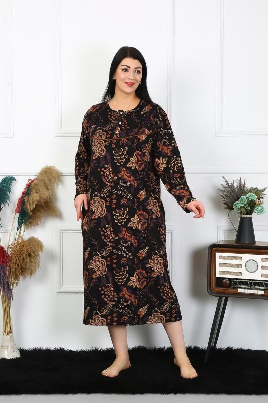 Moda Çizgi Kadın Büyük Beden Uzun Kol Siyah Anne Gecelik 1367 - 5