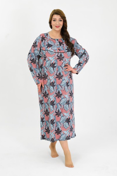 Moda Çizgi - Moda Çizgi Kadın Büyük Beden Uzun Kol Somon Anne Gecelik 1378