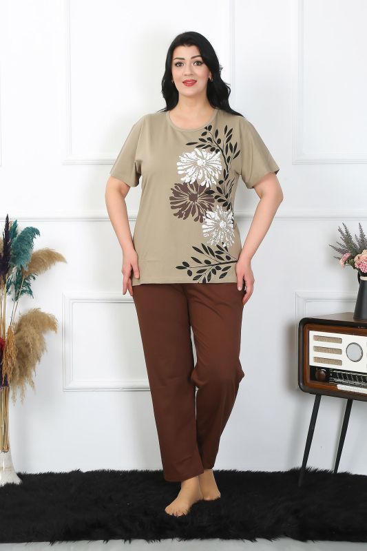 Moda Çizgi Kadın Büyük Beden Vizon Pijama Takımı 202403 - 1