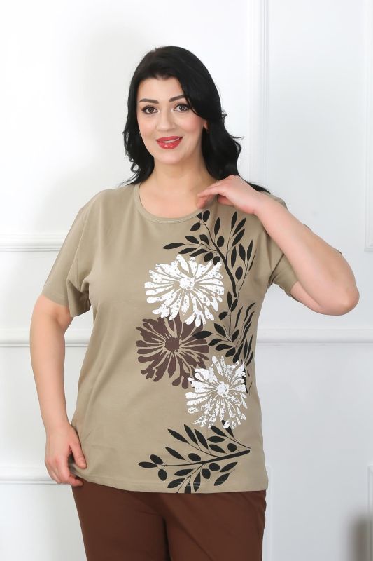 Moda Çizgi Kadın Büyük Beden Vizon Pijama Takımı 202403 - 2