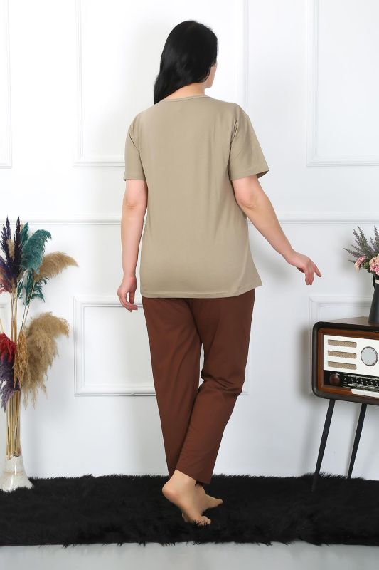 Moda Çizgi Kadın Büyük Beden Vizon Pijama Takımı 202403 - 3