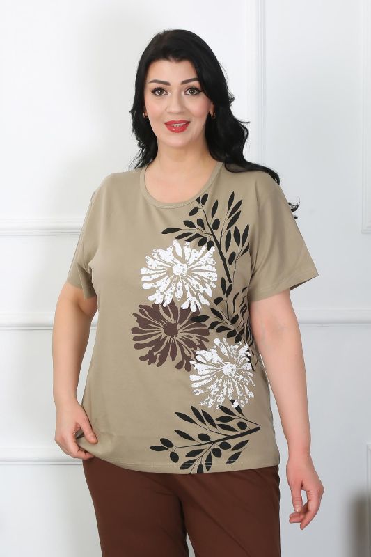 Moda Çizgi Kadın Büyük Beden Vizon Pijama Takımı 202403 - 4
