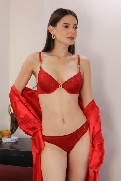 Moda Çizgi Kadın Destekli Aksesuarlı Sütyen Takım 3592 Kırmızı - Thumbnail