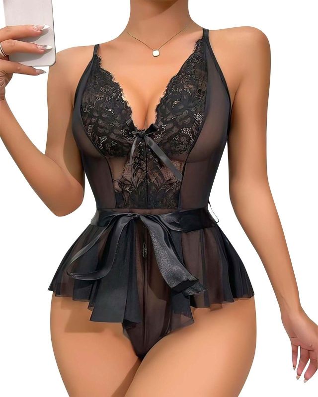 Moda Çizgi Kadın Fantezi Babydoll Dantel Gecelik T001 Siyah - 1