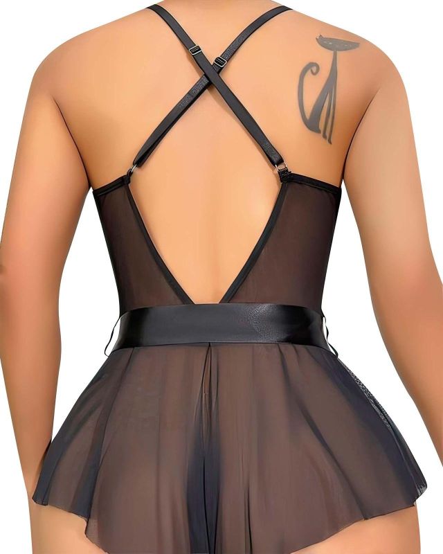 Moda Çizgi Kadın Fantezi Babydoll Dantel Gecelik T001 Siyah - 2