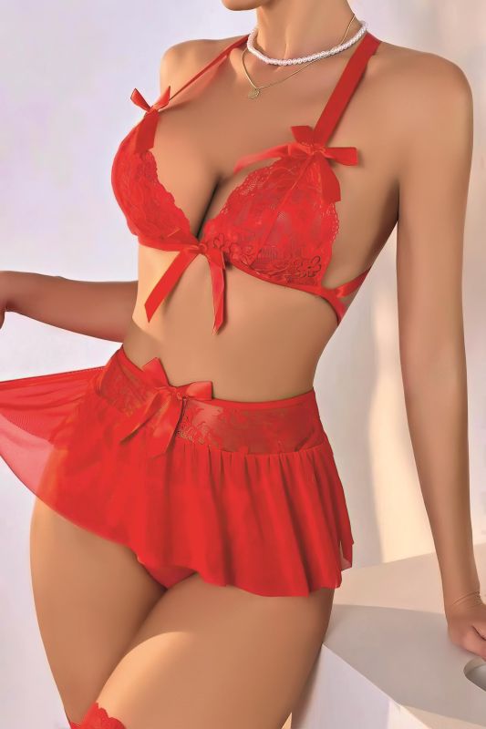 Moda Çizgi Kadın Fiyonklu Faztazi Kırmızı Gecelik Takım K1001 - 3