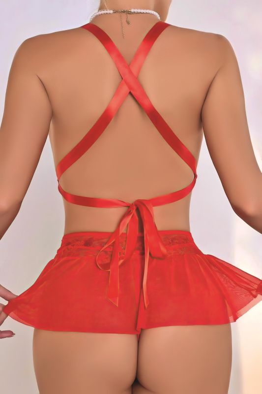 Moda Çizgi Kadın Fiyonklu Faztazi Kırmızı Gecelik Takım K1001 - 4