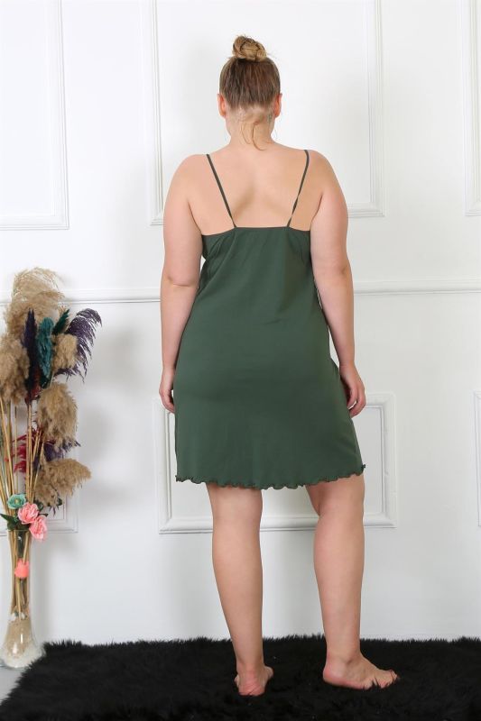 Moda Çizgi Kadın Haki Pamuklu İp Askılı Büyük Beden Gecelik 985 - 5