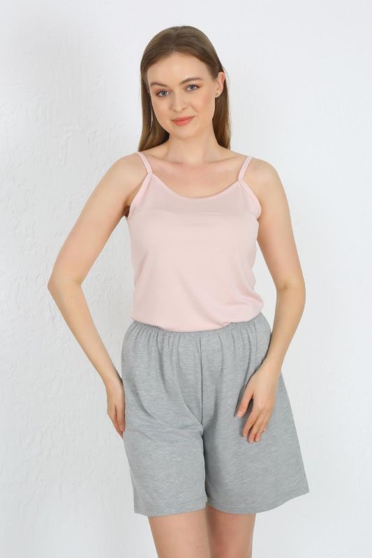 Moda Çizgi Kadın İp Askılı Pamuk Penye Şortlu Takım Pudra 3619 - 1
