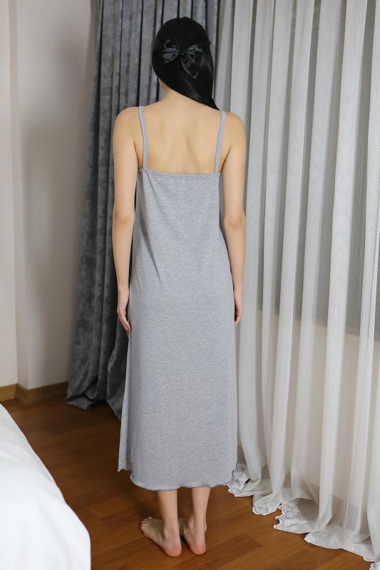 Moda Çizgi Kadın İp Askılı Uzun Yırtmaçlı Pamuk Penye Gecelik Gri 90125 - 2
