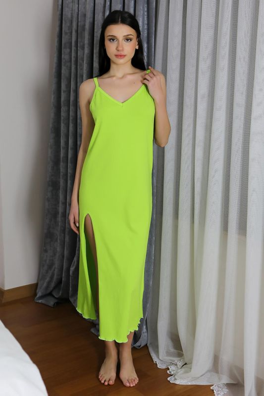 Moda Çizgi Kadın İp Askılı Uzun Yırtmaçlı Pamuk Penye Gecelik NeonYeşil 90125 - 2