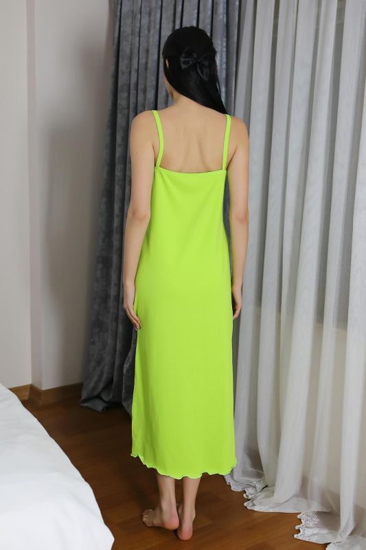 Moda Çizgi Kadın İp Askılı Uzun Yırtmaçlı Pamuk Penye Gecelik NeonYeşil 90125 - 3