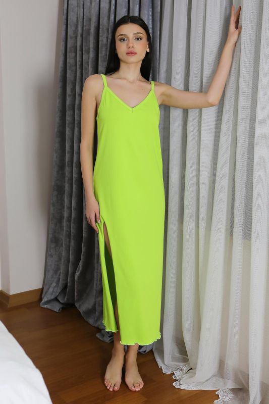 Moda Çizgi Kadın İp Askılı Uzun Yırtmaçlı Pamuk Penye Gecelik NeonYeşil 90125 - 4