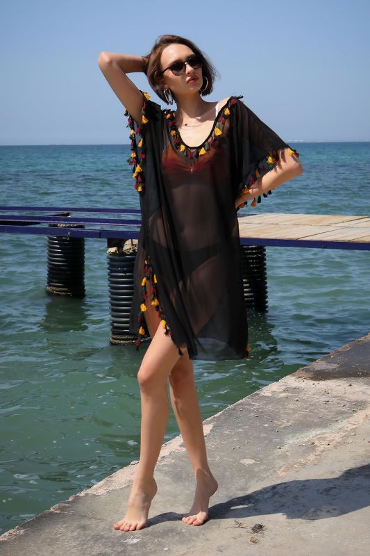 Moda Çizgi Kadın İşlemeli Tunik Pareo Plaj Elbisesi Siyah 38045 - 1