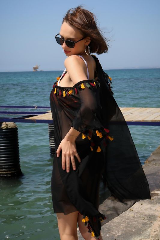Moda Çizgi Kadın İşlemeli Tunik Pareo Plaj Elbisesi Siyah 38045 - 3