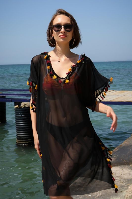 Moda Çizgi Kadın İşlemeli Tunik Pareo Plaj Elbisesi Siyah 38045 - 4