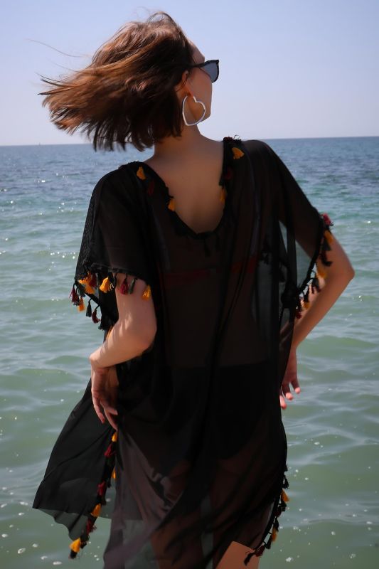 Moda Çizgi Kadın İşlemeli Tunik Pareo Plaj Elbisesi Siyah 38045 - 5