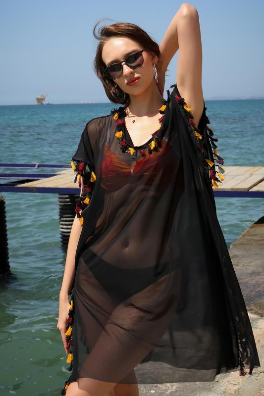 Moda Çizgi Kadın İşlemeli Tunik Pareo Plaj Elbisesi Siyah 38045 - 6