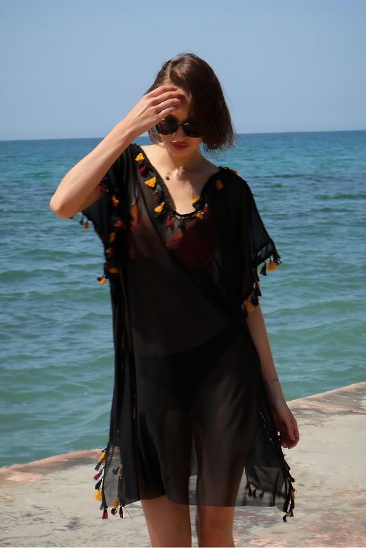 Moda Çizgi Kadın İşlemeli Tunik Pareo Plaj Elbisesi Siyah 38045 - 7