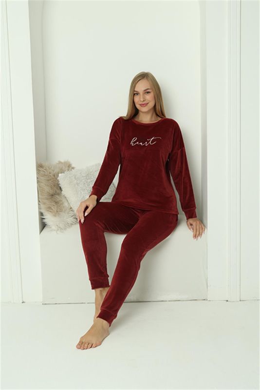 Moda Çizgi Kadın Kadife Bordo Pijama Takım 20624 - 1
