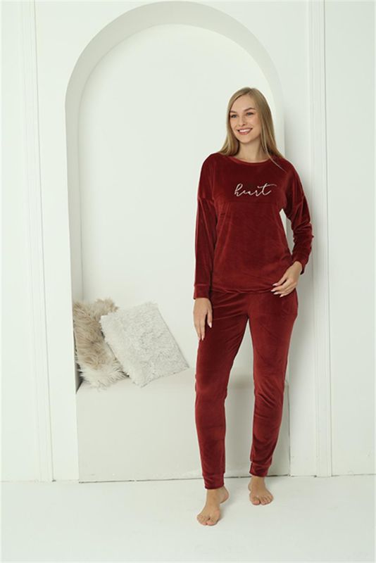 Moda Çizgi Kadın Kadife Bordo Pijama Takım 20624 - 2
