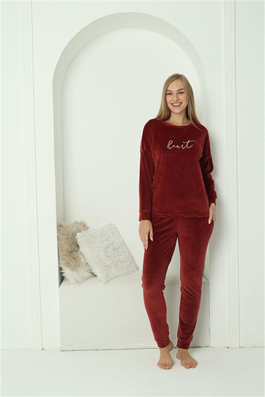 Moda Çizgi Kadın Kadife Bordo Pijama Takım 20624 - 3
