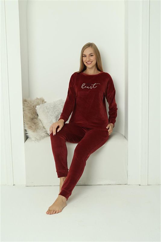 Moda Çizgi Kadın Kadife Bordo Pijama Takım 20624 - 6