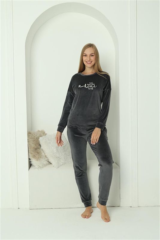 Moda Çizgi Kadın Kadife Füme Pijama Takım 20624 - 1