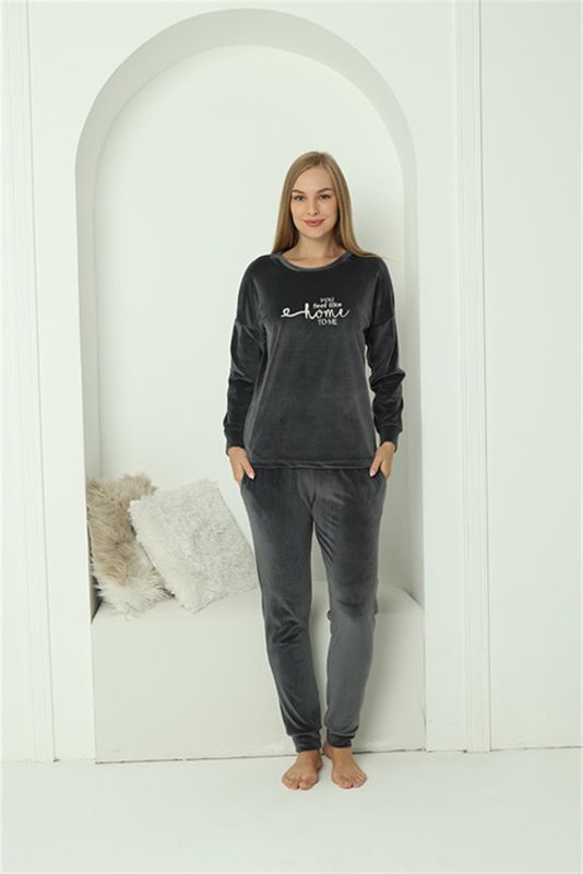 Moda Çizgi Kadın Kadife Füme Pijama Takım 20624 - 3