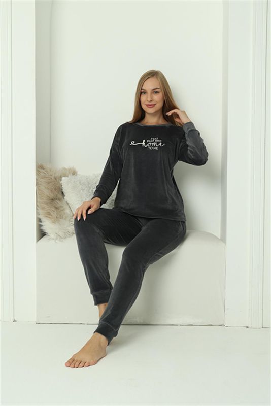 Moda Çizgi Kadın Kadife Füme Pijama Takım 20624 - 4