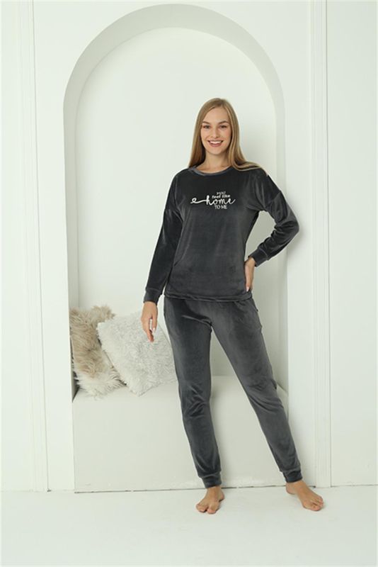 Moda Çizgi Kadın Kadife Füme Pijama Takım 20624 - 5