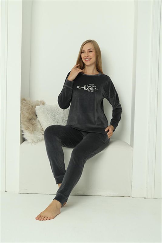 Moda Çizgi Kadın Kadife Füme Pijama Takım 20624 - 6