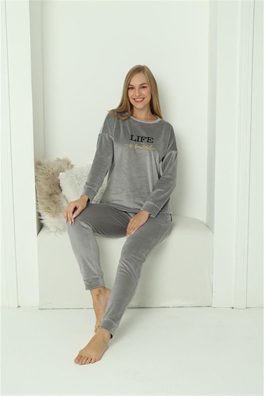 Moda Çizgi Kadın Kadife Gri Pijama Takım 20624 - 1