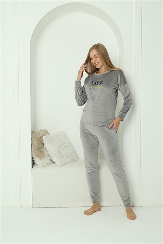 Moda Çizgi Kadın Kadife Gri Pijama Takım 20624 - 2