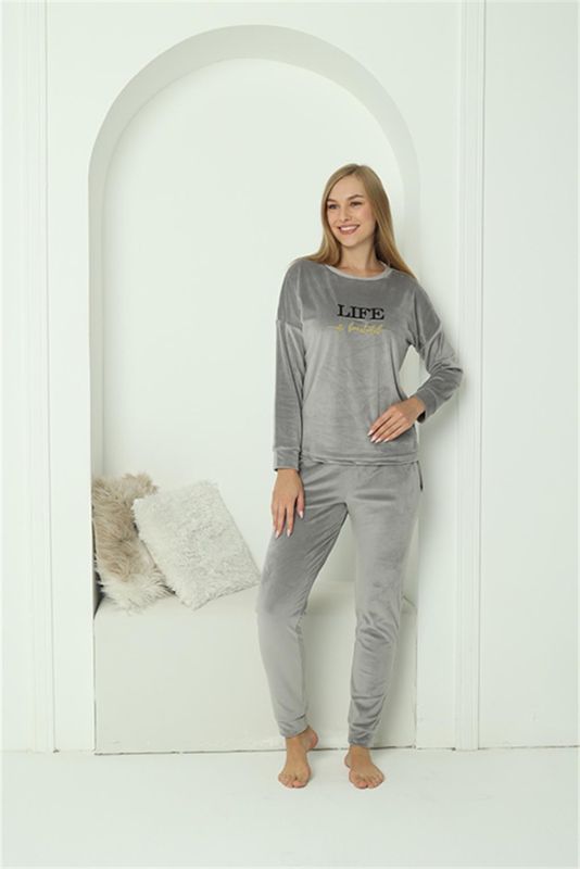 Moda Çizgi Kadın Kadife Gri Pijama Takım 20624 - 4