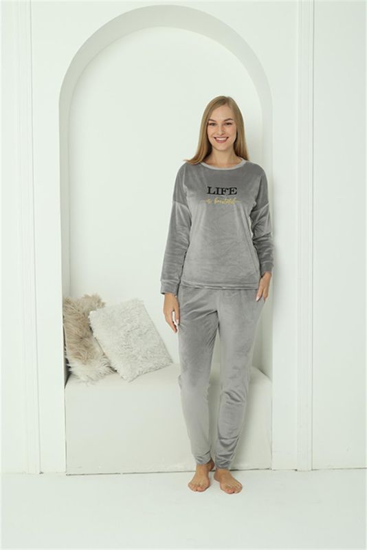 Moda Çizgi Kadın Kadife Gri Pijama Takım 20624 - 5