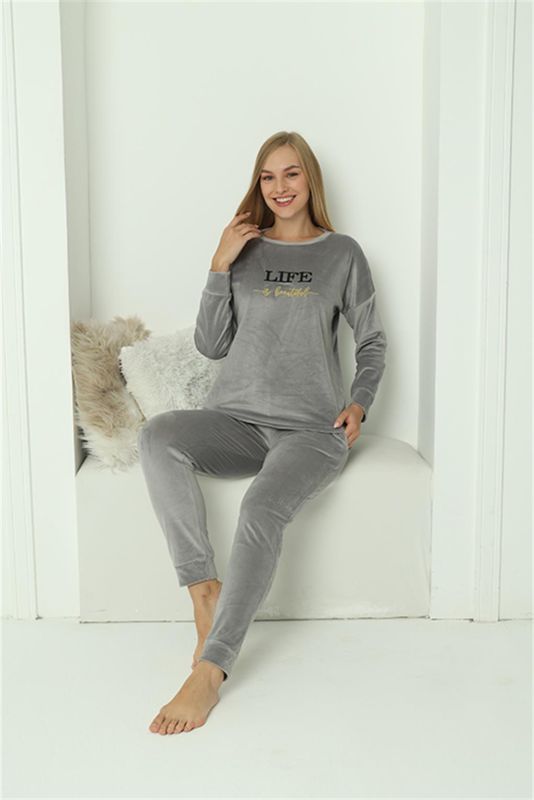 Moda Çizgi Kadın Kadife Gri Pijama Takım 20624 - 6