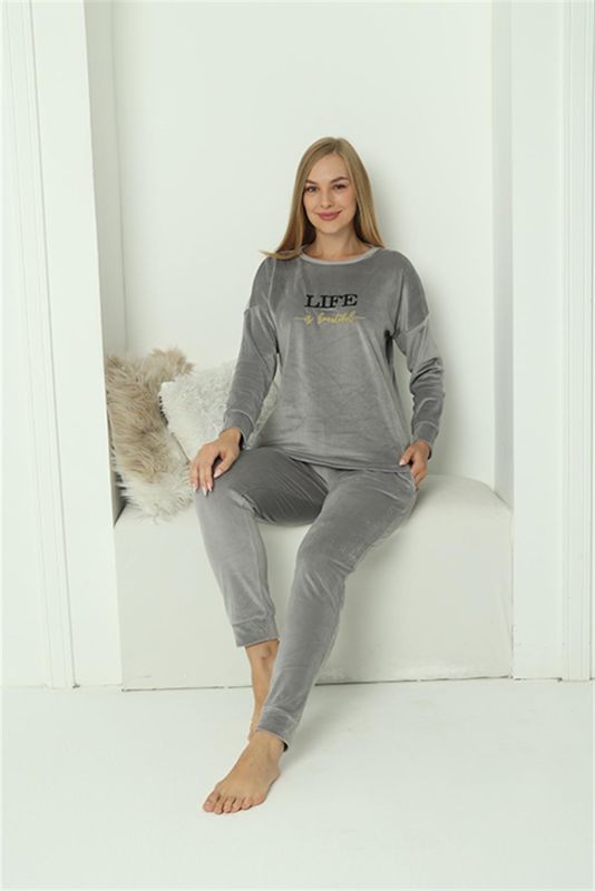 Moda Çizgi Kadın Kadife Gri Pijama Takım 20624 - 7