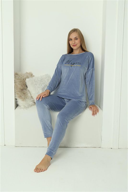 Moda Çizgi Kadın Kadife Mavi Pijama Takım 20624 - 3