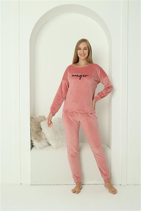 Moda Çizgi Kadın Kadife Pembe Pijama Takım 20624 - 1
