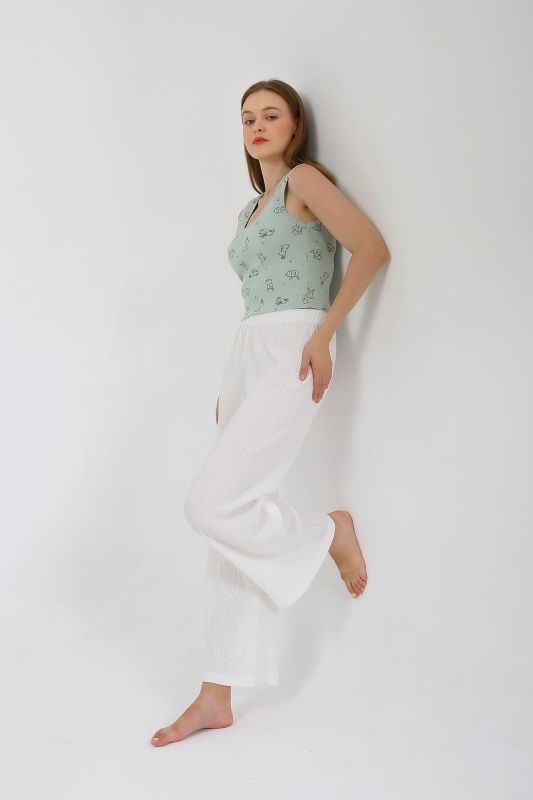 Moda Çizgi Kadın Kalın Askılı Body Bol Paça Pantolon 2`li Takım Beyaz 4219 - 1