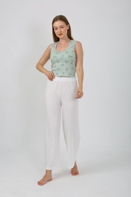 Moda Çizgi Kadın Kalın Askılı Body Bol Paça Pantolon 2`li Takım Beyaz 4219 - 2