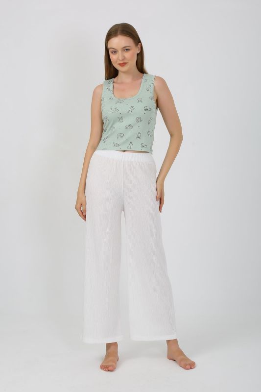 Moda Çizgi Kadın Kalın Askılı Body Bol Paça Pantolon 2`li Takım Beyaz 4219 - 3