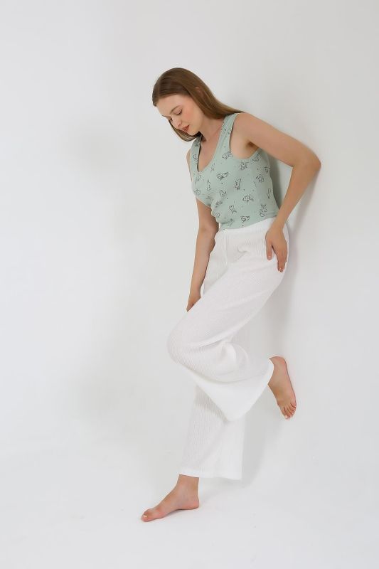 Moda Çizgi Kadın Kalın Askılı Body Bol Paça Pantolon 2`li Takım Beyaz 4219 - 4