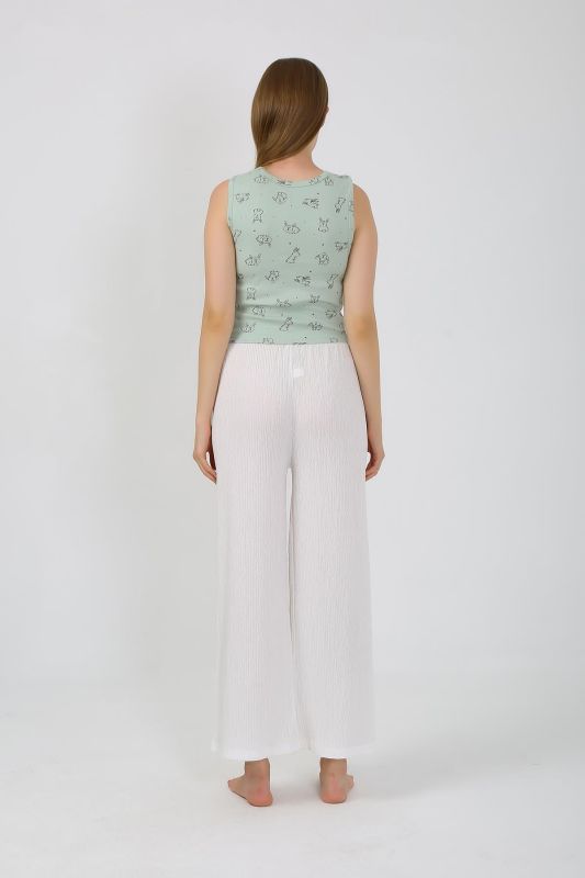Moda Çizgi Kadın Kalın Askılı Body Bol Paça Pantolon 2`li Takım Beyaz 4219 - 8