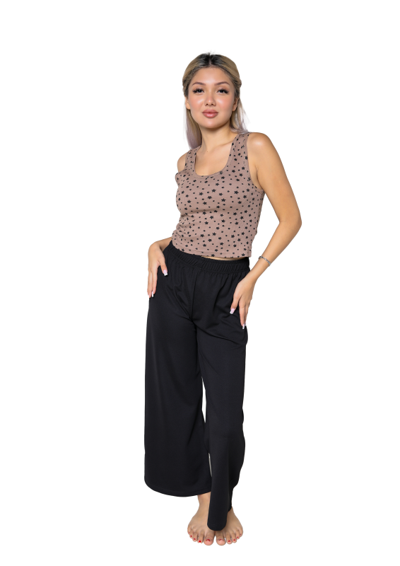 Moda Çizgi Kadın Kalın Askılı Body Bol Paça Pantolon 2`li Takım Kahve 4217 - 1