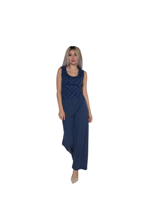 Moda Çizgi Kadın Kalın Askılı Body Bol Paça Pantolon 2`li Takım Lacivert 4217 - 1