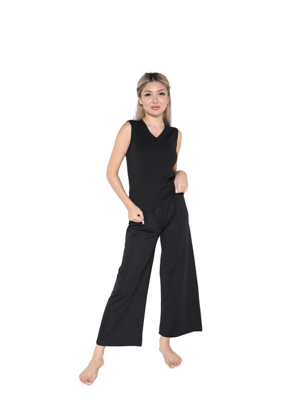 Moda Çizgi Kadın Kalın Askılı Body Bol Paça Pantolon 2`li Takım Siyah 4220 - 1
