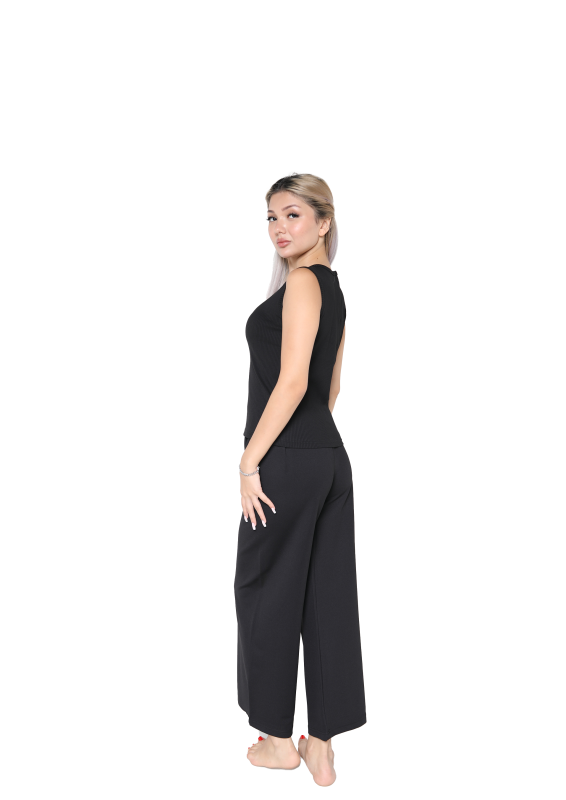 Moda Çizgi Kadın Kalın Askılı Body Bol Paça Pantolon 2`li Takım Siyah 4220 - 2