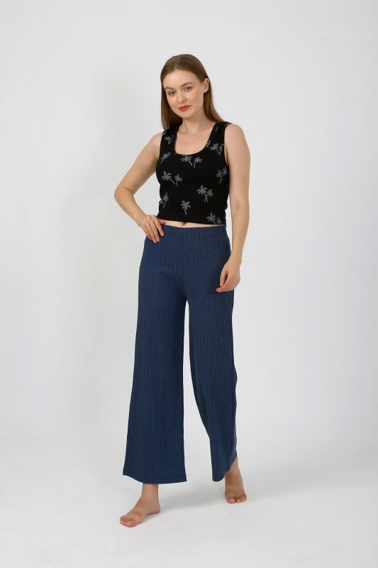 Moda Çizgi Kadın Kalın Askılı Body Bol Paça Pantolon 2`li Takım Siyah 4221 - 1